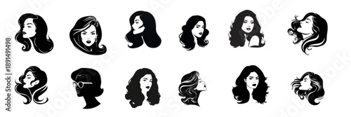 Set of Vintage Woman Hairstyles Silhouettes in Black and White isolated on transparent background