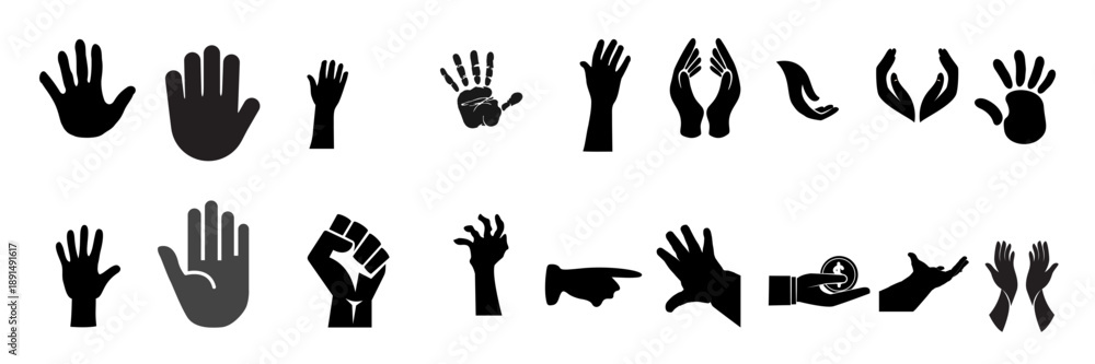 Obraz premium A collection of various black hand silhouette icons representing different gestures and movements