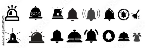 A collection of black silhouette icons representing various types of bells and emergency sirens