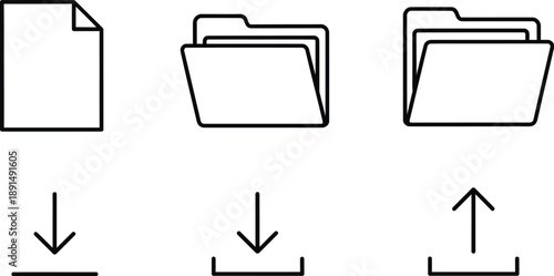 Minimalist line art icons representing essential digital file management actions: document, folder, download, and upload symbols for modern UI/UX design.