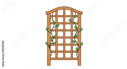 Illustrative wooden garden trellis with an elegant arched top, supporting graceful green climbing vines, perfect for botanical aesthetics and