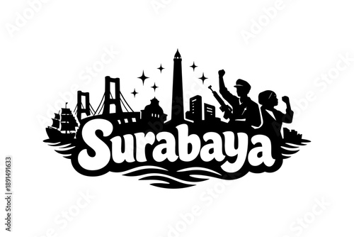 Surabaya cityscape silhouette with heroes monument and iconic landmarks