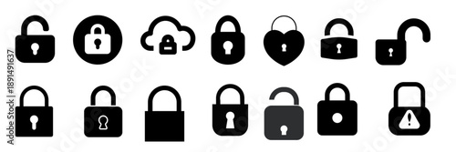 A collection of various black and white padlock icons representing security and data protection