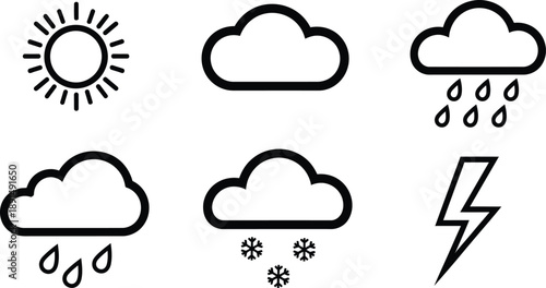 Collection of essential weather forecast icons, depicting various atmospheric conditions like sun, clouds, rain, snow, and lightning, perfect for meteorological applications.