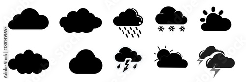 Collection of Weather Icons: Rain, Snow, Sun, Lightning, Stormy Clouds isolated on transparent background