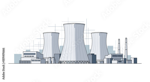 Industrial Facility Illustration Featuring Cooling Towers and Power Plant Buildings in a Technical Line Style
