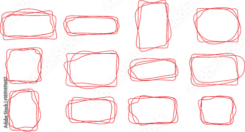 Collection of hand-drawn red frames and borders on a clean white background, perfect for design elements and creative projects.