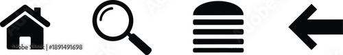 Essential User Interface Icons Collection: Home, Search, Hamburger Menu, and Back Arrow Symbols for Modern Web and Mobile Application Design.