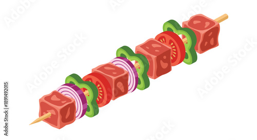 Delicious Shish Kebab Skewer with Grilled Meat Cubes and Fresh Vegetables Isolated on White Background Art