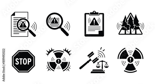 Set of icons representing warnings, alerts, search results, and safety symbols in black and white