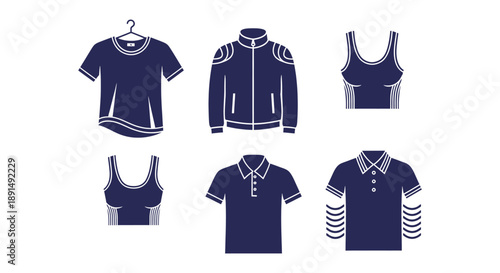 Set of various casual wear clothing icons including t-shirt, jacket, polo shirt, and tank top