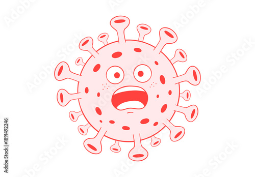 Cute red virus super flu cartoon character doodle with shocked face featuring scared bacteria germ mascot art decoration