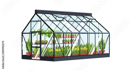 This well-designed glass greenhouse expertly fosters a variety of plants and vibrant flowers, embodying ideal conditions for advanced horticultural