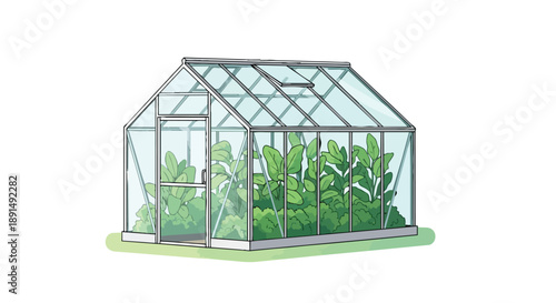 A modern glass greenhouse structure elegantly cultivates vibrant green plants, showcasing sustainable gardening and promoting healthy organic growth