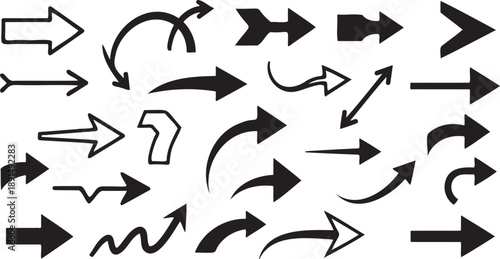 Diverse collection of hand drawn and solid black arrows pointing in various directions suggesting movement direction
