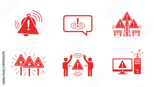 Collection of essential red warning and alert icons for notifications and system issues
