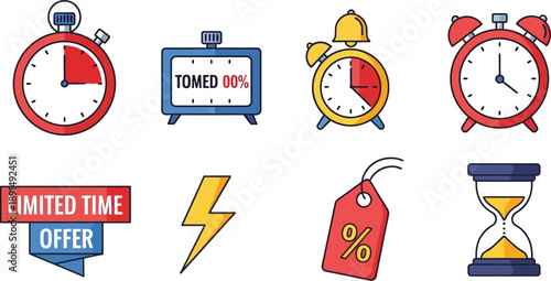 Collection of colorful flat design icons representing time limits urgency sales countdowns and limited time promotional offers for marketing