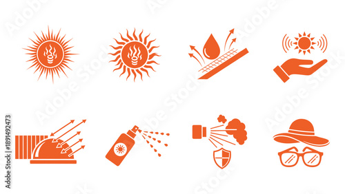 A collection of sun protection and solar energy icons illustrating summer care and safety features