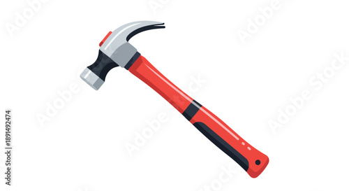A vibrant red-handled claw hammer tool, expertly rendered in a clean, modern vector illustration style, ready for versatile construction, repair,