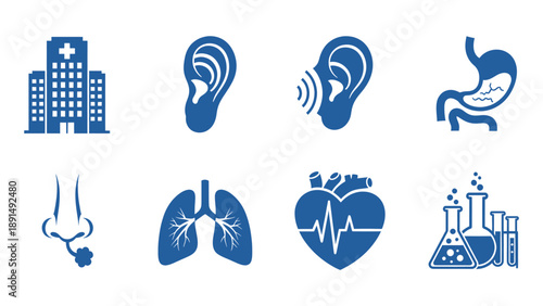 Medical and healthcare icons set depicting human organs, hospital, and laboratory equipment
