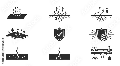 Technical icons representing waterproofing, crack sealing, and structural protection features
