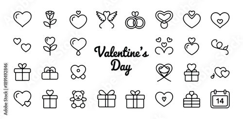 Valentine's day line icons heart shapes rose gifts wedding rings and calendar outline style