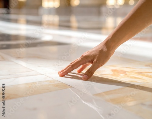 Close up Of A Person's Hand Gently Touching A Polished Marble Floor With Sunlight Streaks Across The Surface