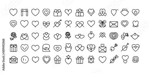 Set of valentine's day hand drawn line icons heart shapes gifts and romantic symbols outline style