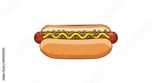 Vibrant cartoon frankfurter in a bun adorned with mustard and green relish dots a classic American fast food item perfect for casual dining snack
