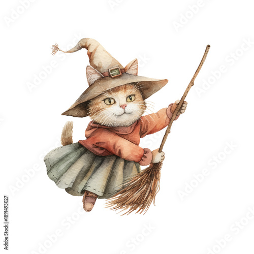 cat witch flying with magic broom hand drawn vector illustration