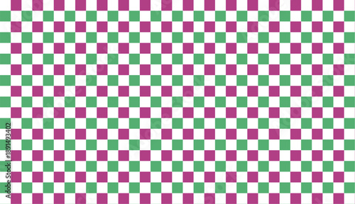 Chess board with very small squares background. Seamless colorful checkerboard pattern with green and purple squares, geometric repeating background ideal for wallpaper, textile, packaging, digital.