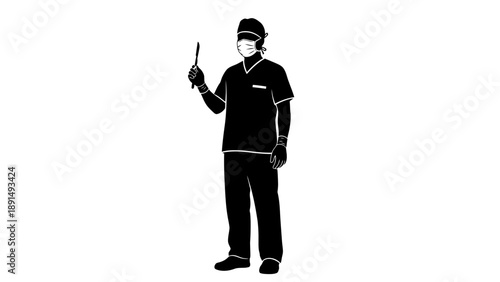 Silhouette of a dentist holding a dental tool.