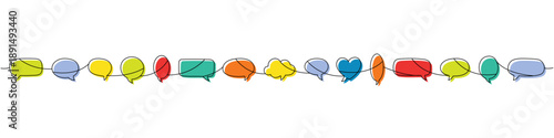Continuous line art with multiple colorful speech bubbles in rainbow palette. Minimalist outline illustration of communication and conversation flow