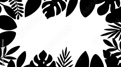 Black tropical leaves frame. Silhouette of Monstera, palm fronds, and exotic foliage for decorative botanical designs