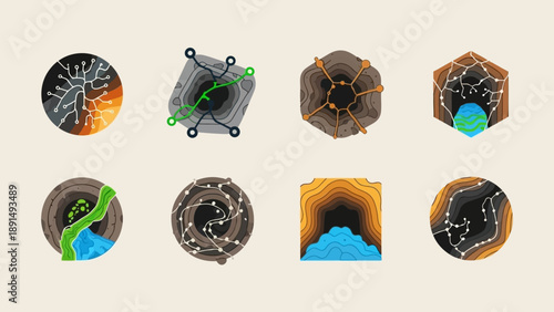 Abstract Pixel Art Icons: Underground Worlds, Networks, and Energy Flow