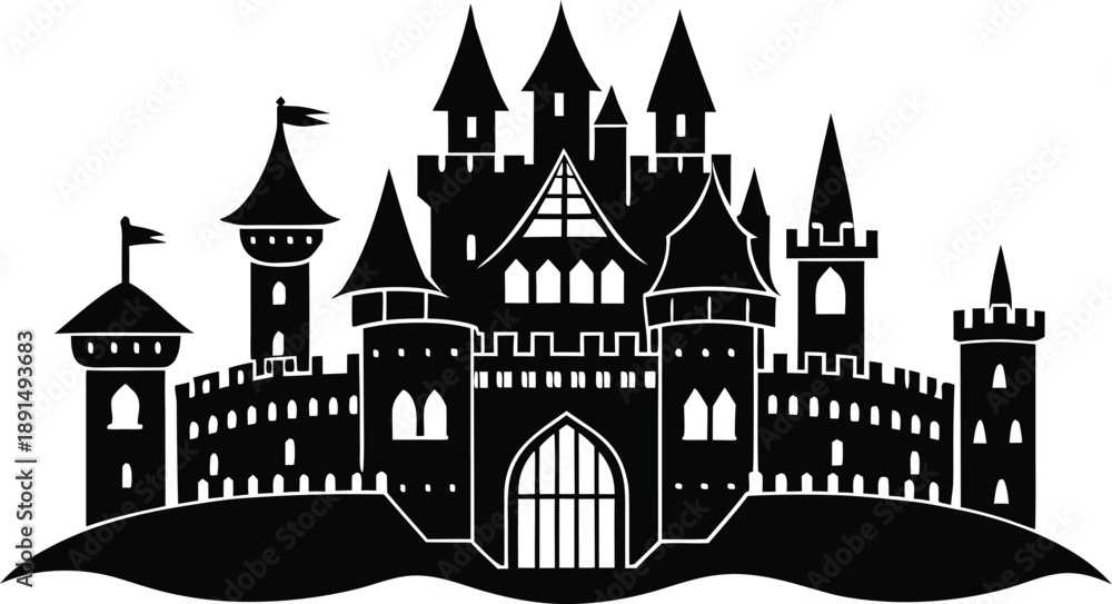 Obraz premium A beautiful and elaborate fairytale castle silhouette illustration against a white background
