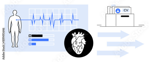 Medical data concept. Medical records with heart monitor, anatomical heart diagram, and CV analysis. Medical data tracking health, research, diagnostics, patient records, and analytics
