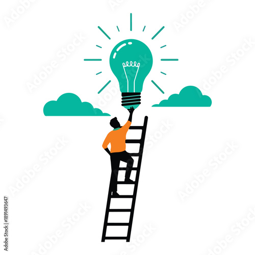 Creative business idea concept, man on ladder reaching light bulb, innovation and success vector