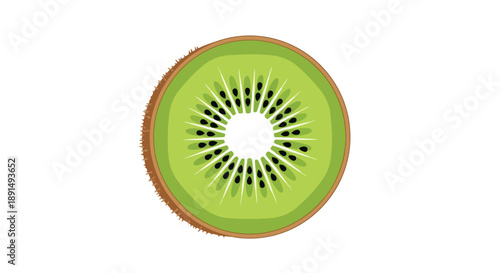 Vibrant green kiwi fruit slice cross-section. Intricate internal pattern. Bright white core. Numerous black seeds. Symbolizes freshness, health, and