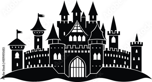 A beautiful and elaborate fairytale castle silhouette illustration against a white background