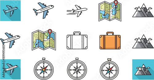 Collection of various travel and navigation icons including airplanes maps compasses luggage and mountain landscapes for tourism concepts