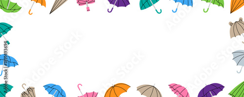 Colorful umbrella frame border on white background. Decorative seasonal vector design with rain protection symbols for autumn and spring