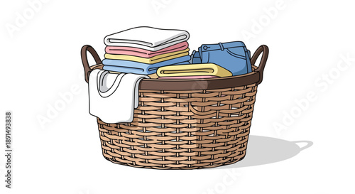 A charming cartoon illustration featuring a sturdy wicker laundry basket filled with a variety of neatly folded, freshly cleaned garments, including