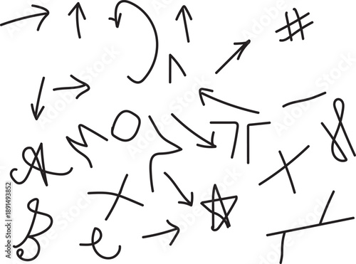 Handwritten symbols and arrows on white background