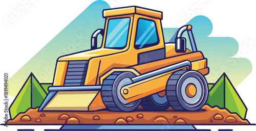 A cartoon illustration of a yellow construction vehicle on a pile of dirt