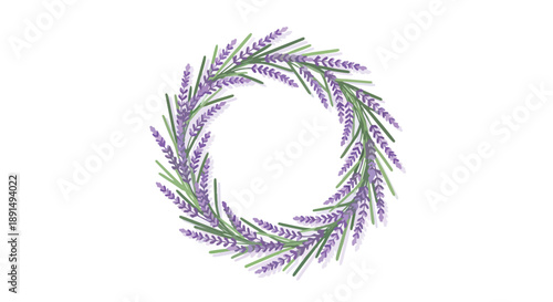 An elegant purple lavender floral wreath illustration featuring delicate blooms and slender green foliage arranged circularly on a pristine white