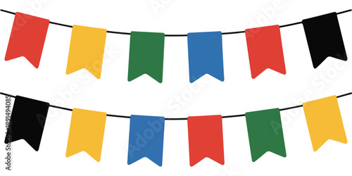 Two rows of colorful bunting flags illustration, vibrant party decoration for festive events and holidays