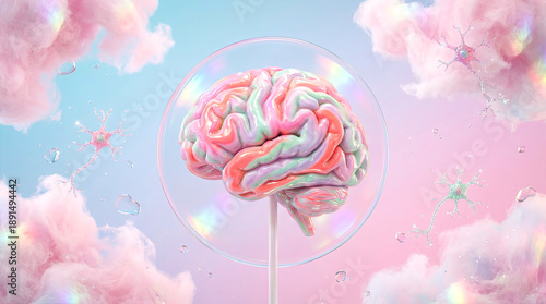 Human brain on a stick candy floss pastel colors, concept of mental health, surreal abstract