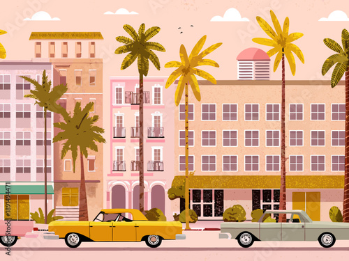 A pastel illustration depicts a vibrant street scene with palm trees and cars