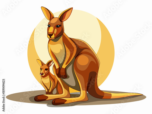 A mother kangaroo protects her joey within her pouch set against a warm backdrop